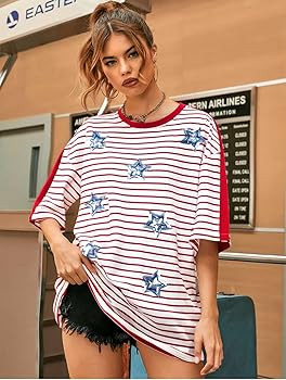 American Flag Stripe Shirt for Women 4th of July T Shirts USA Flag Tees Patriotic Sequin Stars Ov... | Amazon (US)