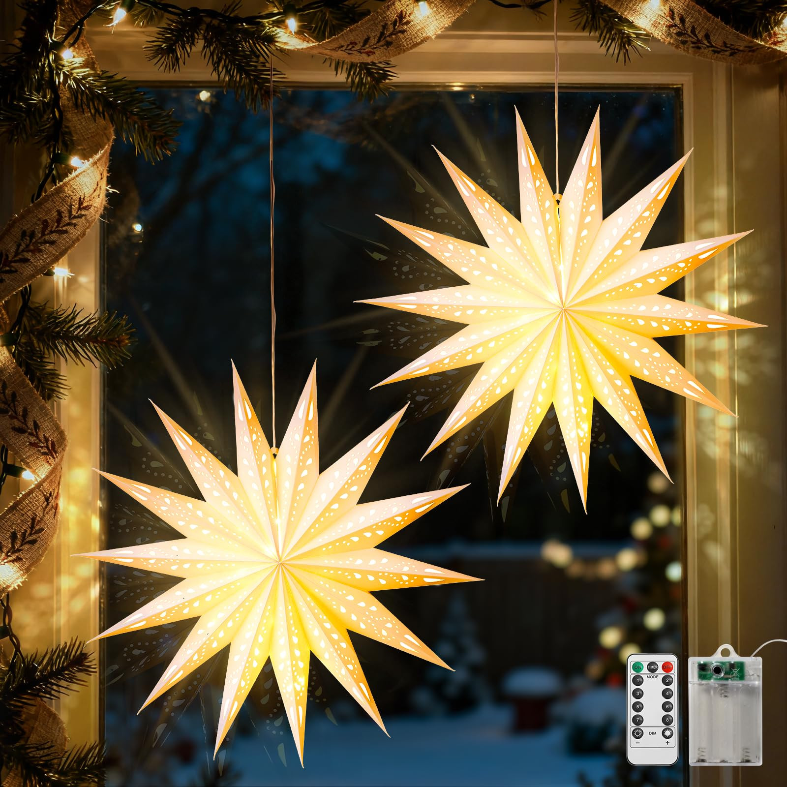 Luxspire 2 Pack Christmas Paper Star Lantern, 21.7" Hanging Paper Lights with LED Light Beads Rem... | Amazon (US)