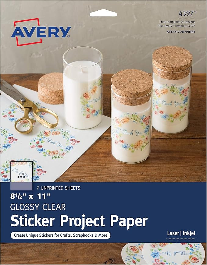 Avery Printable Sticker Paper, Glossy Clear, 8.5" x 11", Laser & Inkjet Printers, 7 Sheets (4397) | Amazon (US)