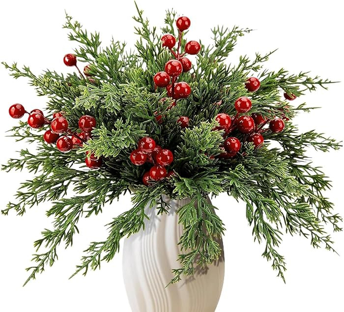 35Pcs Christmas Artificial Norfolk Pine Branches with 10pack Red Berry Stems, 10.5in Faux Pine Br... | Amazon (CA)