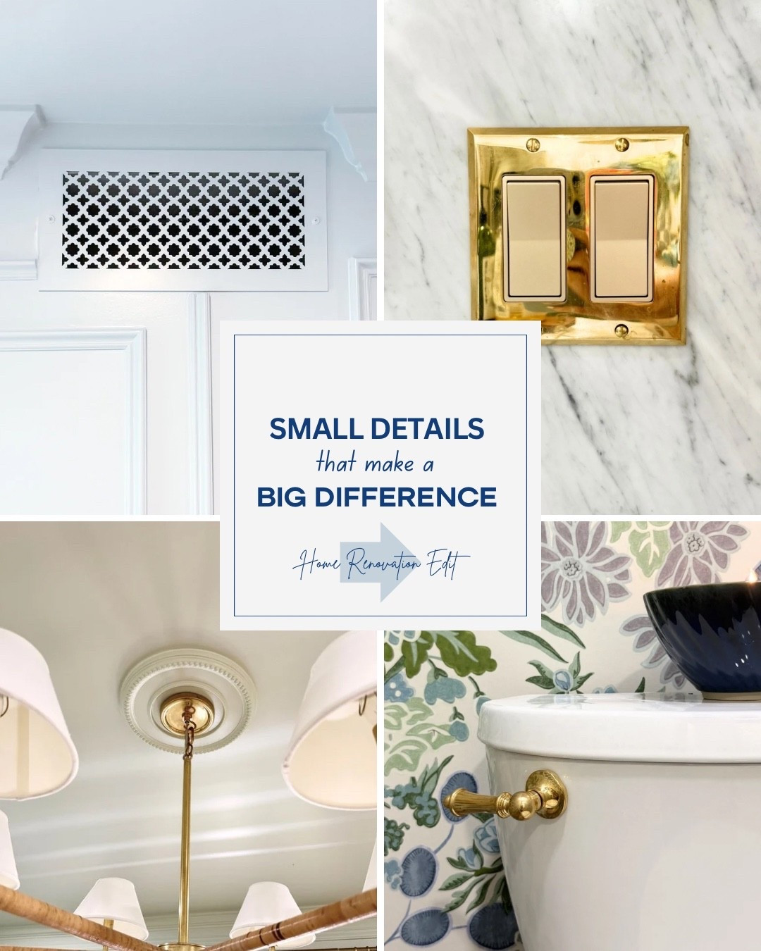 Here is a list of the small details that make a BIG impact not to forget:
•  Decorative Air Vent Covers
•  Ceiling Meddalions in more formal spaces 
•  Changing your electrical outlets to ones that have USB and USB-C plugs
•   Door stops and ceiling fans don’t have to be ugly 
•  Wire Mesh Cabinets
•  Wallpaper your Outlet Covers in room you are wallpapering 
•  Don’t forget the ceiling (the 5th wall)! Paint it or wallpaper it. 
•   Door knobs make a big difference- I love brand Emtek for these. 
•   Use back plates for hardware knobs & pulls to elevate your space 
•   Use unlaqured brass, polished nickel, copper or chrome for hardware
•    If your color drenching a room make sure to pant the caulk too
•   Sinks can be beautiful and textured. I love copper, brass, or vessel sinks for a statement
•  Upgrade your toilet lever for a high-end custom look. I got mine on Etsy
• Do double herringbone and lay going long way of room
• Beadboard is a great way to add charm in kitchen, baths, and mudrooms
• Add gallery rail to open shelves 

#LTKSaleAlert #LTKstorytime #LTKHome