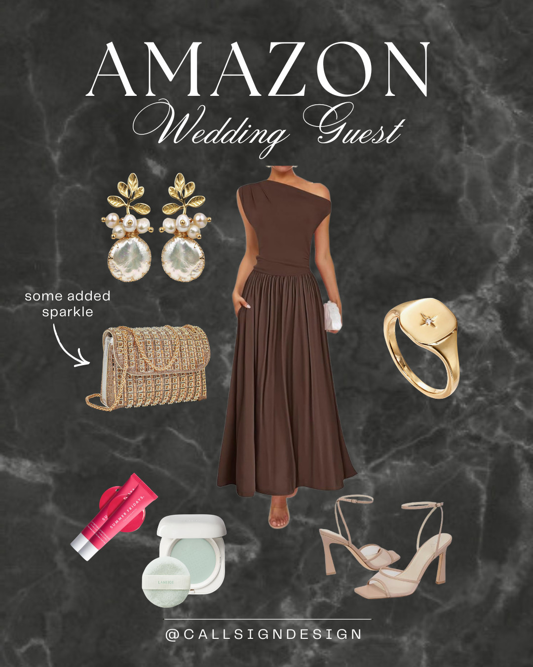 Chocolate brown + gold is the wedding guest combo we’ll never get over 🤎✨
Obsessed with this asymmetrical shoulder dress paired with a gold purse, signet ring, unique pearl earrings, and a few quick glam essentials.  

 #LTKgrwm #LTKootd #LTKWedding