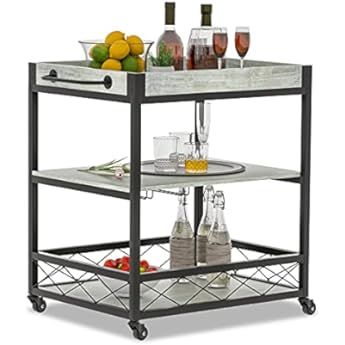 IVANE Bar Cart with Wheels, Rustic Industrial Style 3 Tier Trolley Serving for Kitchen Storage, Pati | Amazon (US)