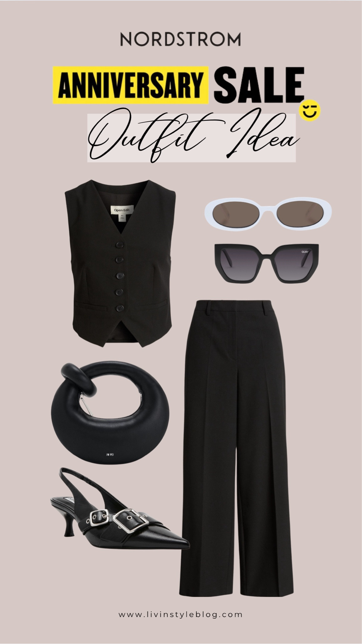 Cute outfit idea for going out or worn with a blouse for a work outfit. Vest, trouser pants, purse, sunglasses and slingback heels are all part of the NSale!

#LTKxNSale #LTKSummerSales #LTKStyleTip
