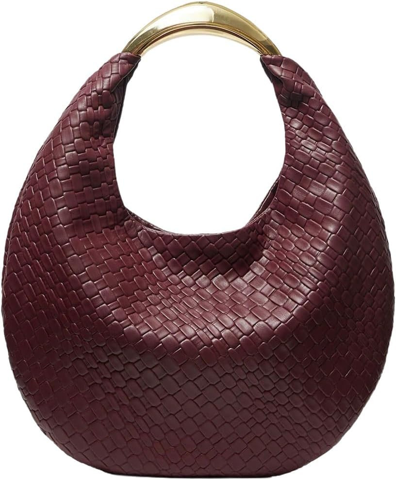 Women's Woven Handbag Elegant Clutch Purse Metal Top Handle Cresent Evening Bag Retro PU Leather Clutch Purse | Amazon (US)