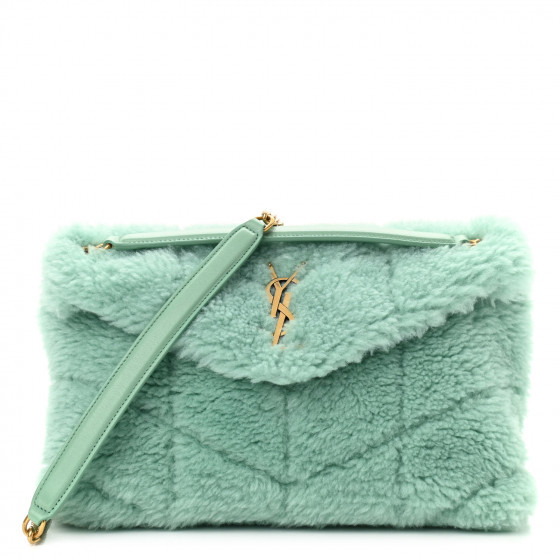 SAINT LAURENT Merino Shearling Lambskin Quilted Small Loulou Puffer Monogram Chain Satchel Iced Mint | FASHIONPHILE (US)