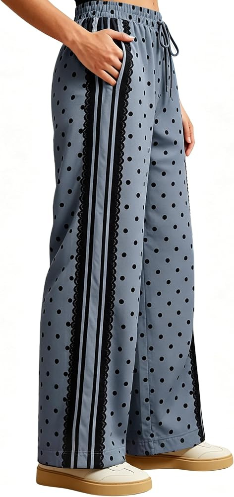 Yeokou Women's Wide Leg Pants Polka Dot Lace Striped High Waisted Casual Track Pants with Pockets... | Amazon (US)