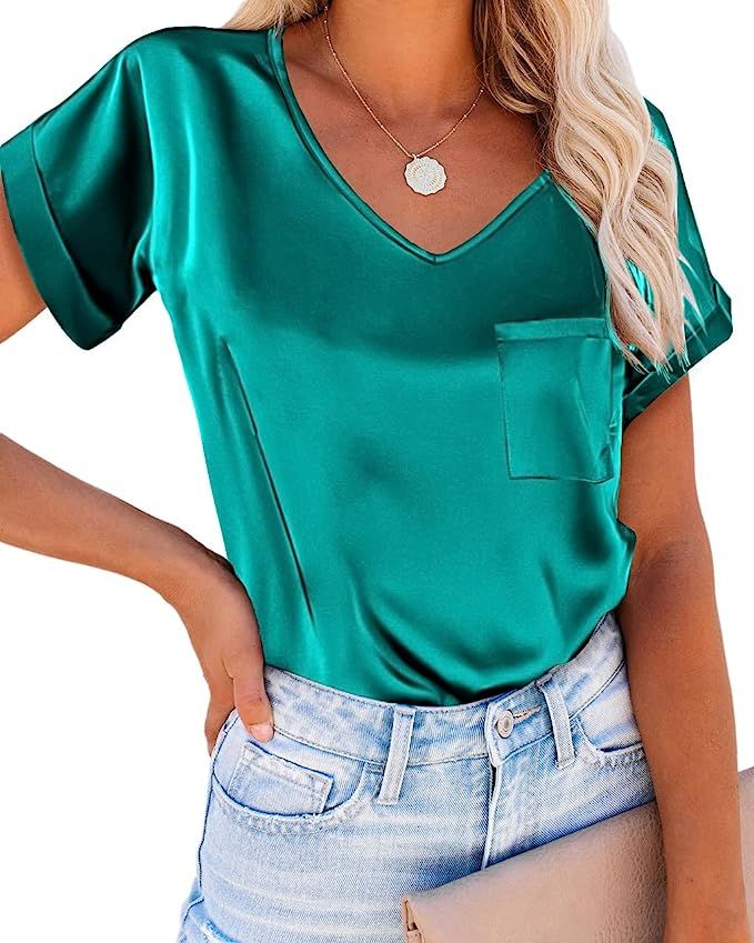 Chigant Silk V-Neck Shirts for Women Satin Short Sleeve Blouse Loose Casual Tee T-Shirt Summer Tu... | Amazon (US)