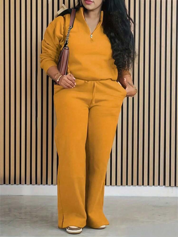 INAWLY 2pcs Women Solid Color Half Zip Jacket And Pants Set, Autumn | SHEIN