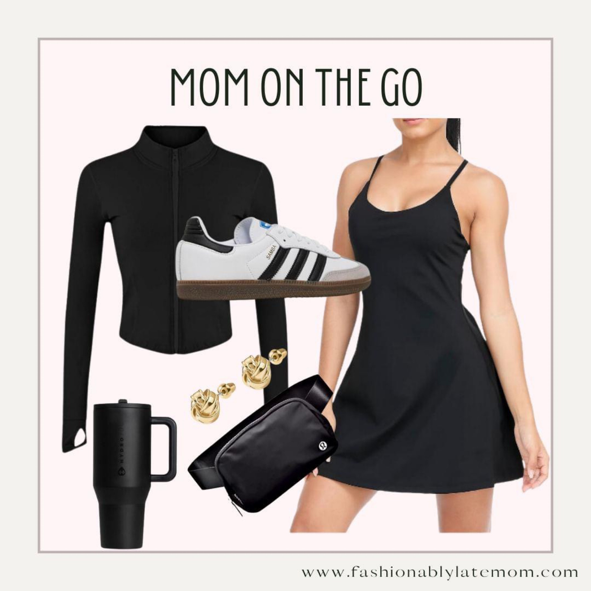 Mom on the go! 
Fashionablylatemom 
Adidas shoes 
Dress 
Cup 

#LTKstyletip #LTKshoecrush