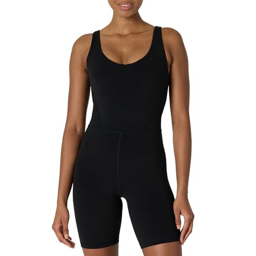 Amazon Essentials Women's Active Formflex Buttery Soft One Piece Shorts Romper Jumpsuit with Built-In Bra, Black, Large | Amazon (US)