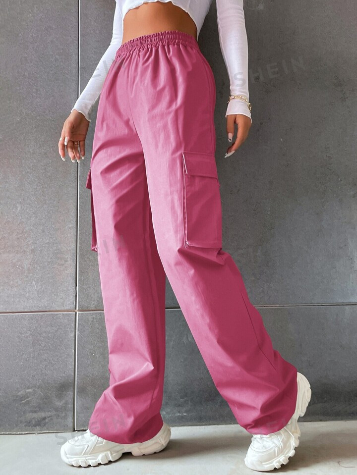 SHEIN EZwear Solid High Waist Flap Pocket Cargo Pants | SHEIN