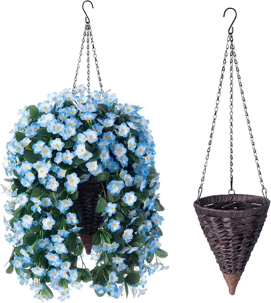 Artificial Fake Hanging Flowers Plants with Baskets for Outdoor Decoration,Faux Blue Silk Orchid ... | Amazon (US)