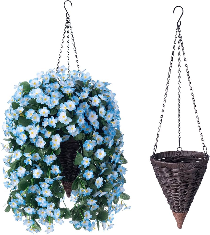 Artificial Fake Hanging Flowers Plants with Baskets for Outdoor Decoration,Faux Blue Silk Orchid ... | Amazon (US)