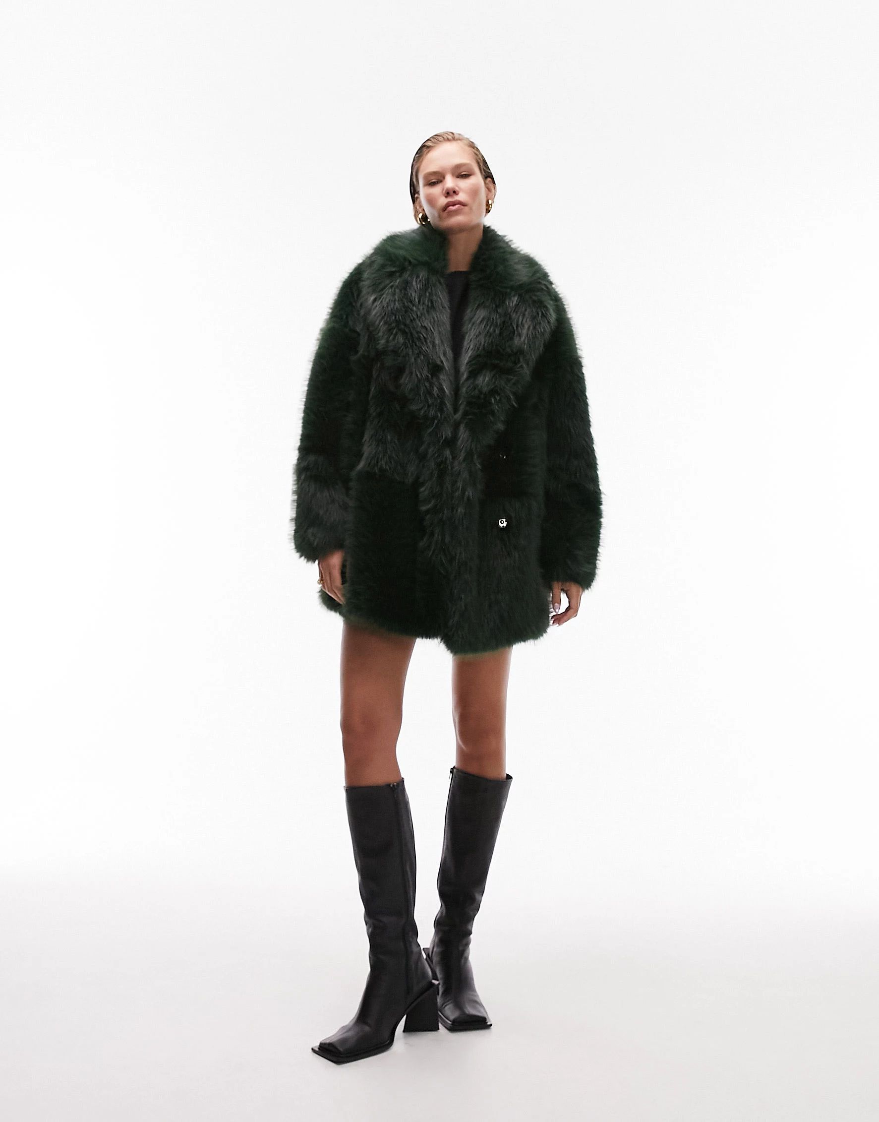 Topshop mid length faux fur coat in forest green | ASOS (Global)