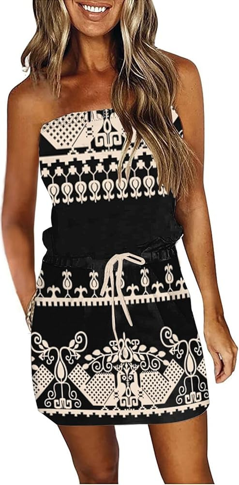 Summer Dress for Women Strapless Beach Cover Ups Boho Sundress Mini Dress Drawstring Waist with P... | Amazon (US)