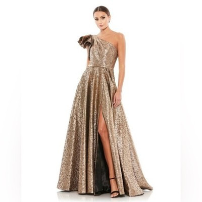 Mac Duggal NWT Golden Bronze One Shoulder Bow Front Slit Ball Gown Size 2 | eBay US