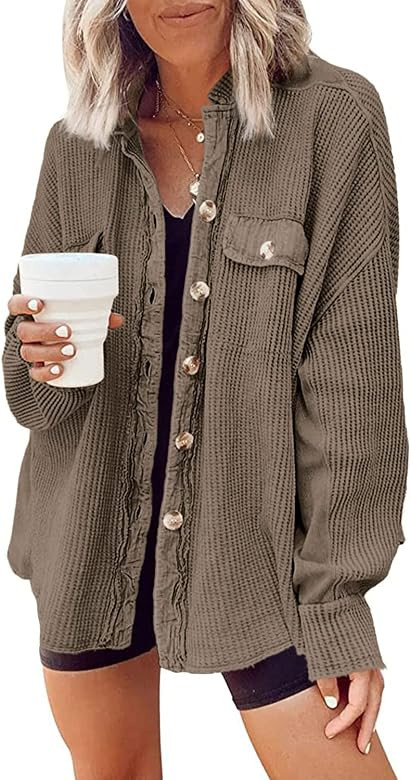 Yanekop Womens Waffle Knit Shacket Boyfriend Shirt Jacket Button Down Blouse Loose Fit Long Sleeve T | Amazon (US)