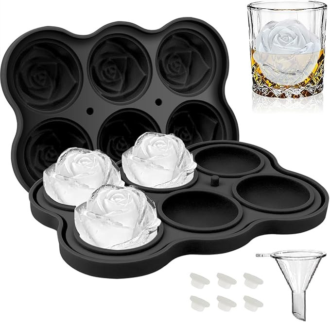 Rose Ice Cube Tray 2 Inch [1 Mold + 1 Funnel + 6 Stoppers], 6 Cavity Silicone Rose Ice Cube Mold ... | Amazon (US)