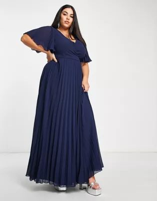 ASOS DESIGN Curve exclusive maxi dress with kimono sleeve and tie waist in pleat in navy | ASOS (Global)