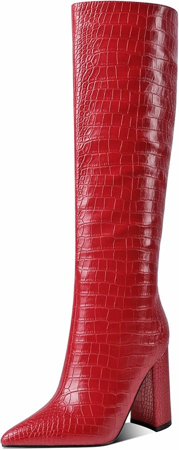 MODENCOCO Women's Animal Print Slip On Matte Pointed Toe Block High Heel Knee High Crocodile Boot... | Amazon (CA)