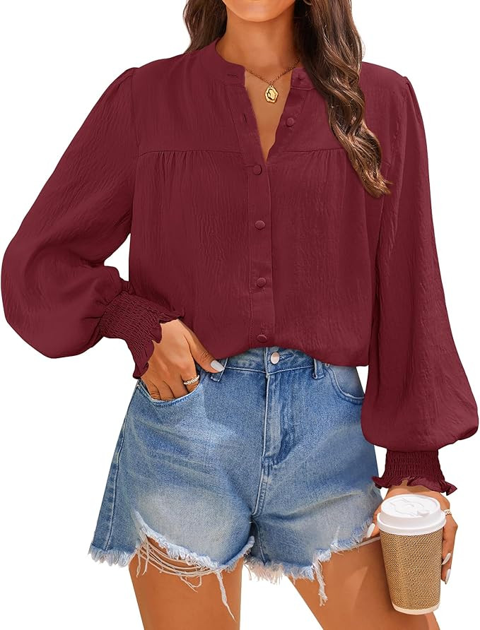 ZESICA Womens Button Down Shirts 2024 Smocked Cuffed Solid Lantern Long Sleeve Blouse Fall Fashio... | Amazon (US)