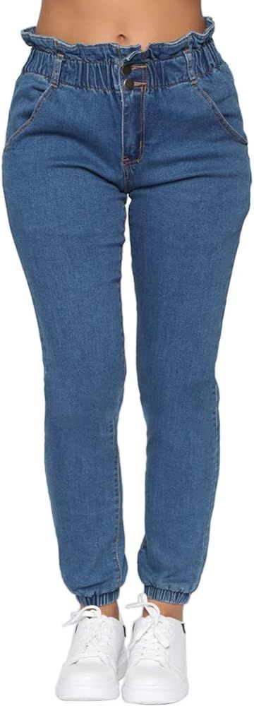 Denim Jogger Elastic Waist Ankle Cuff Pants Jeans with Buttons Pockets | Amazon (US)