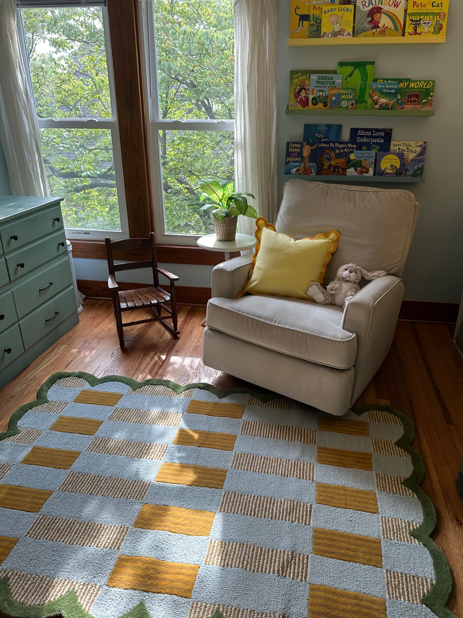 Baby boy // nursery // toddler room // bedroom // colorful // playful // wayfair // glider // rocker // scalloped pillow // scallop rug // yellow // whimsical // green // blue // Amazon // home decor 
