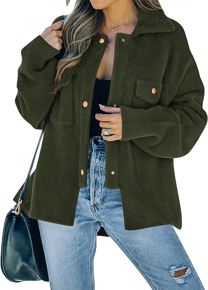 ZESICA Womens Winter Fuzzy Fleece Jackets Warm Long Sleeve Button Shacket Coat Outwear with Pockets | Amazon (US)