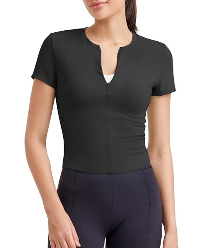 G4Free Workout Tops for Women Slim Fit Half Zip Short Sleeve Athletic Shirts Strechy Yoga Slight Crop Top Active Wear(Black,XL) | Amazon (US)