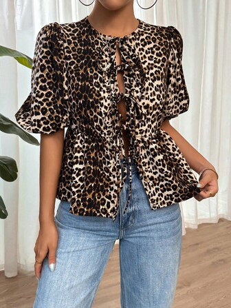 SHEIN Essnce Shein Essnce Women's Summer T-Shirt Girlhood Aesthetic Tie Front Black Polka Dot Tie... | SHEIN