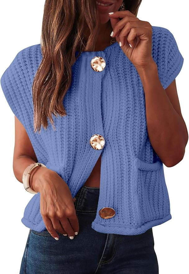 ANRABESS Womens Crop Sweater Vest Crochet Chunky Knit Button Down Sleeveless Cardigan with Pocket... | Amazon (US)