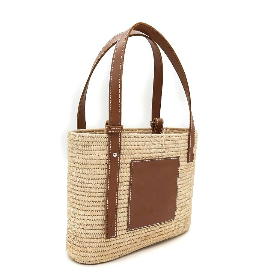 Luxury Raffia Tote Bag with Leather Handles – Handcrafted Elegance for Everyday Style, Women's Straw Woven Shoulder Bag, Tote Handbag, Summer Beach Purse (Brown) | Amazon (US)