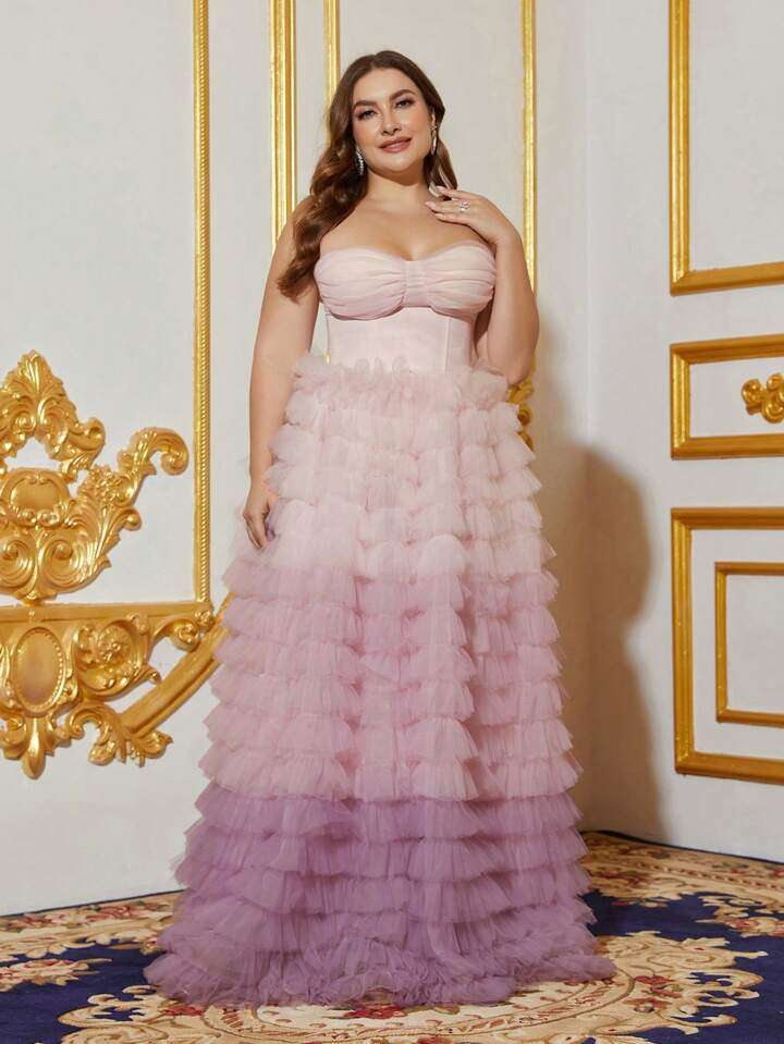 Plus Ombre Ruffle Trim Mesh Tube Party Dress | SHEIN