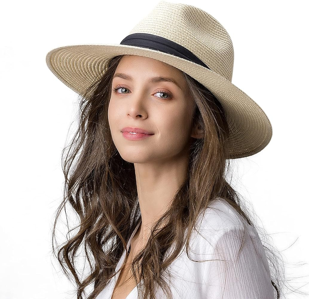 Womens Wide Brim Straw Panama Hat Fedora Summer Beach Sun Hat UPF50 Straw Hat for Women at Amazon... | Amazon (US)