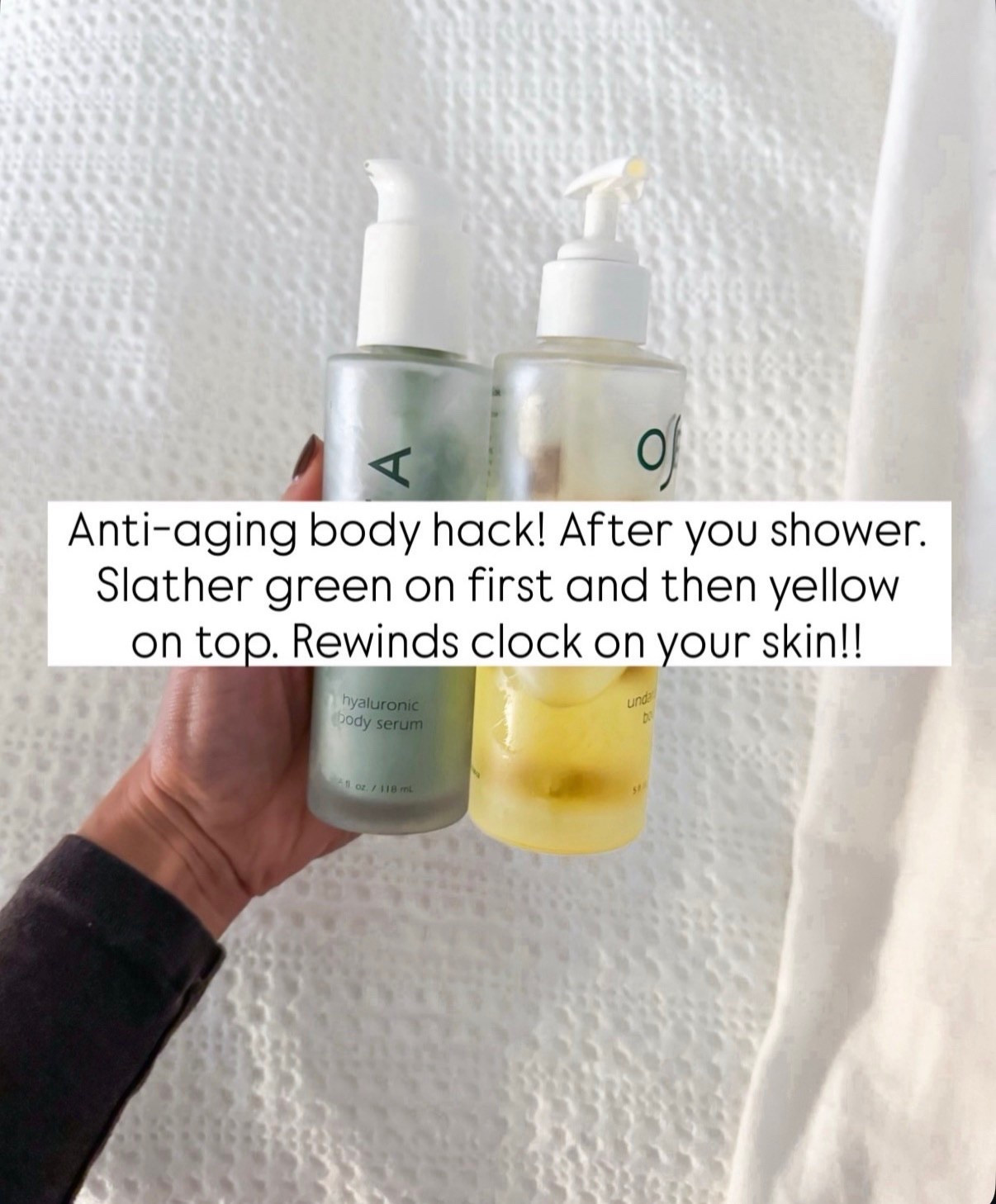 One of my favorite anti-aging body hacks! Every night - slather yourself in the green and follow up with the yellow. Increases skin hydration by 161%! 


#LTKmorningroutine #LTKBeauty #LTKselfcare