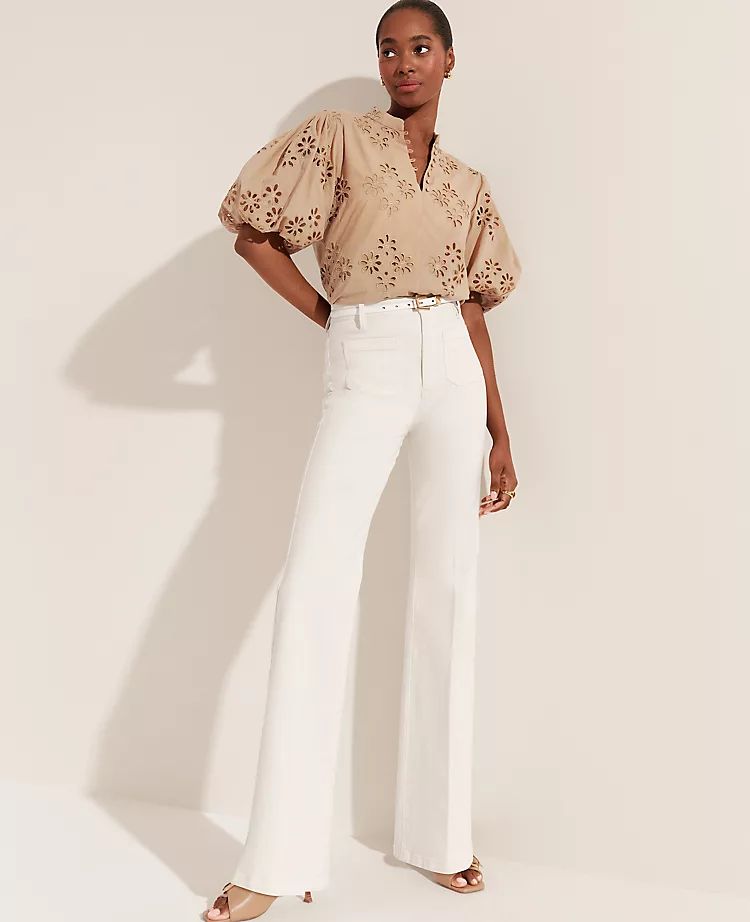 High Rise Patch Pocket Flare Jeans in Ivory | Ann Taylor (US)