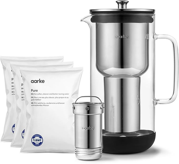 Aarke Purifier, Wasserfilterkanne aus Glas und Edelstahl (2,4 L / 10 Tassen) + 3er-Pack Pure Filt... | Amazon (DE)