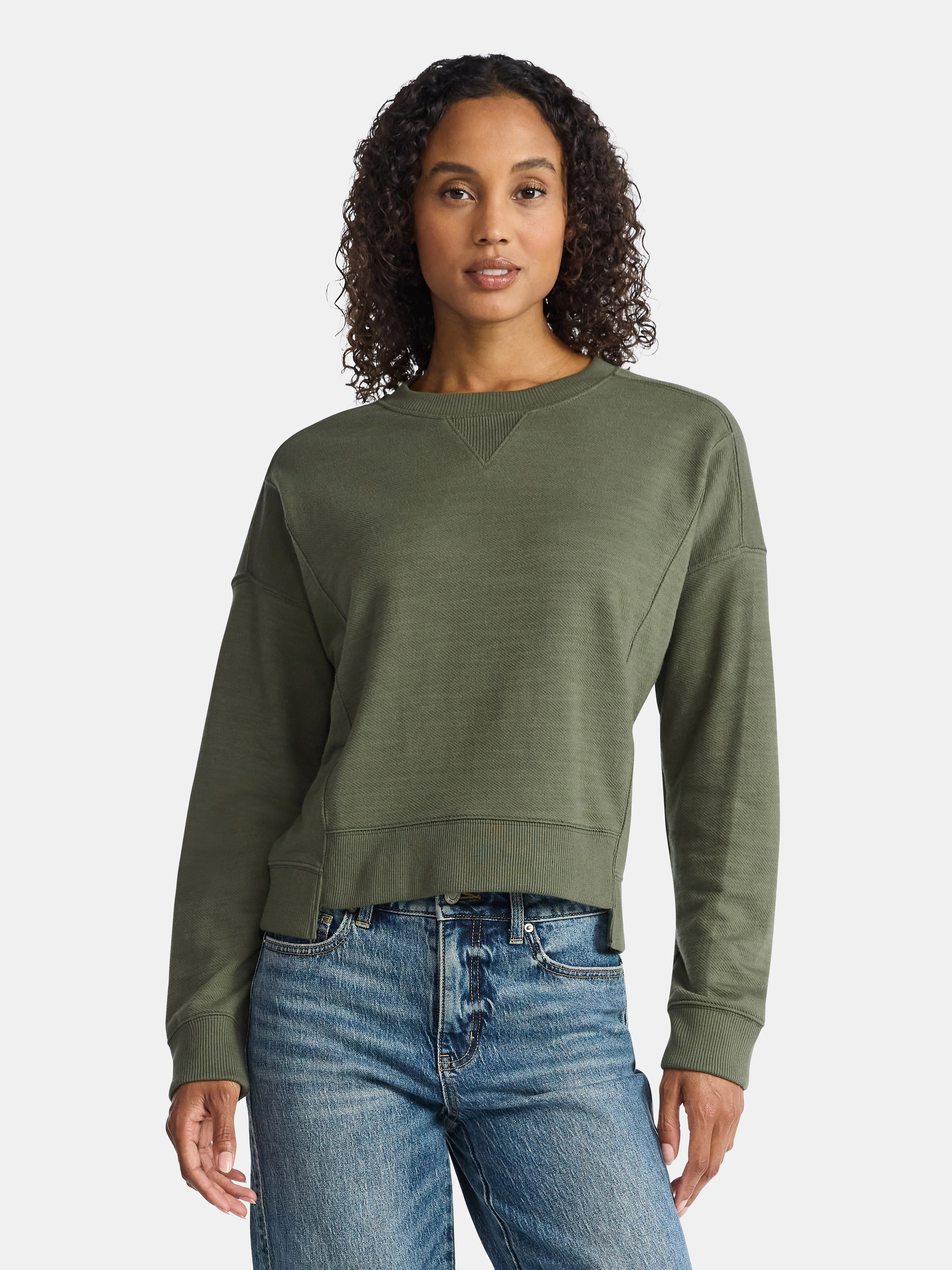 Time and Tru Women’s Ribbed Panel Sweatshirt with Long Sleeves, Sizes XS-XXXL | Walmart (US)