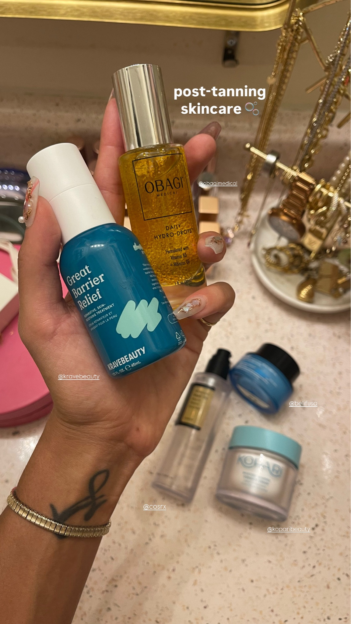 post tanning skincare / pool day skincare! 🫧🌿🏊🏽‍♀️ order: cleanser (not pictured), toner (not pictured), serums, snail mucin, eye cream, face cream. xx