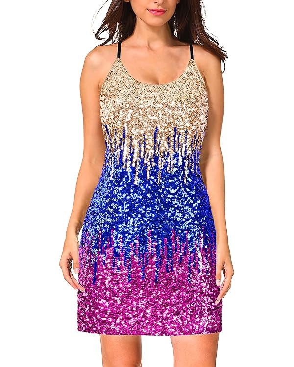 MANER Women's Glitter Sequin Dress Adjustable Spaghetti Strap Sparkle Party Dresses | Amazon (US)