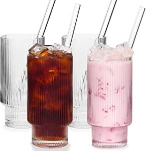 Ribbed Glassware Set of 4, 14oz Ribbed Glass Cups with Glass Straw, Ribbed Juice Glass Fluted Gla... | Amazon (US)
