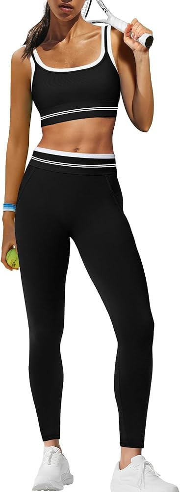 Panadila Womens Yoga Set 2 Piece Outfits Striped Workout Set Gym Matching Sports Bra and High Wai... | Amazon (US)