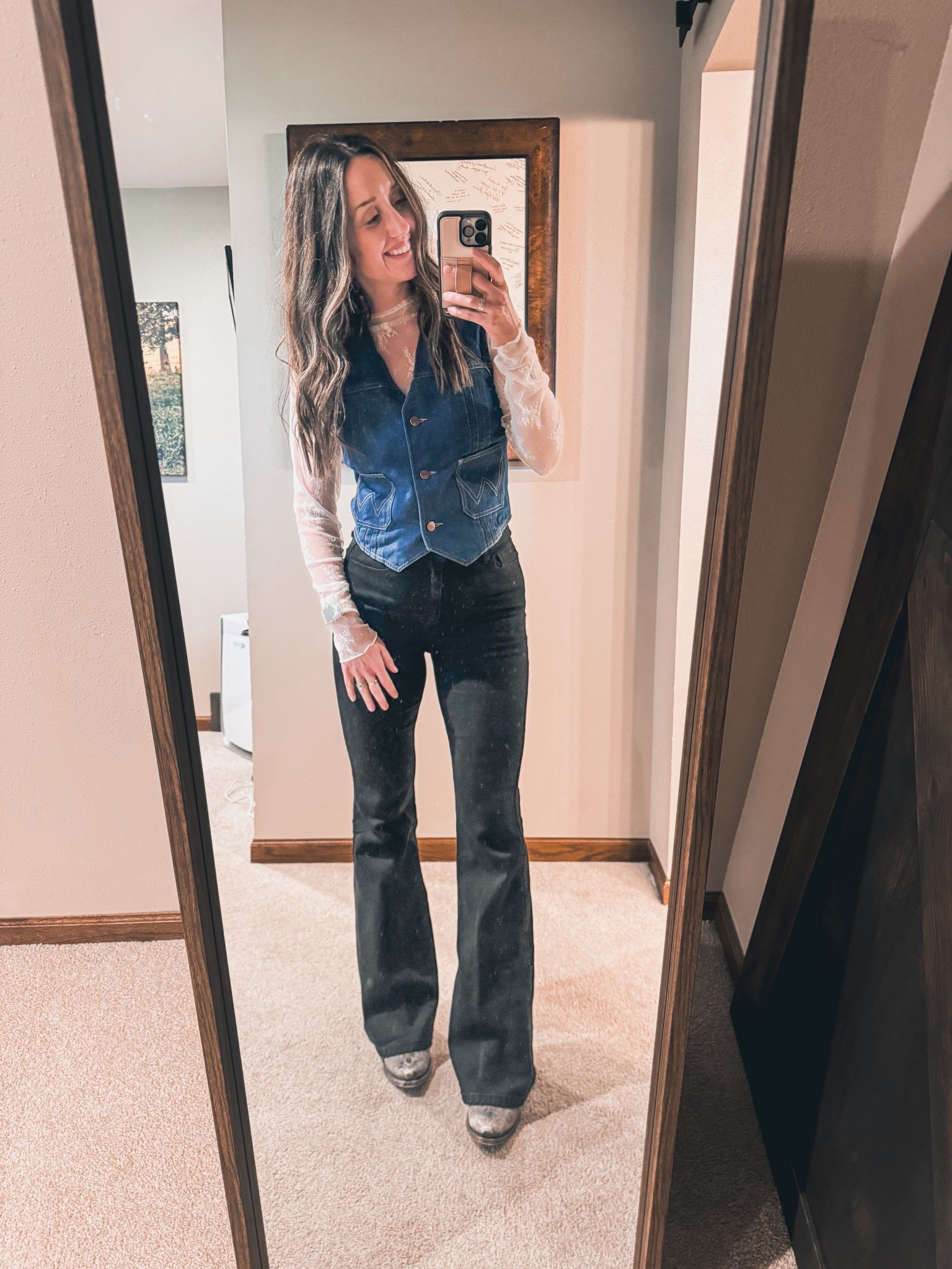 Church fit but make it western.

Jeans are so comfy and stretchy - wearing a 26. Vest is a medium and under shirt is a small.