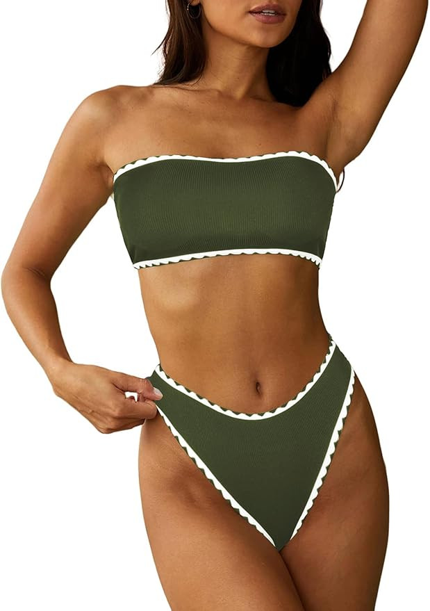 ZAFUL Women Strapless Textured Bandeau Bikini 2 Piece Swimwear Cheeky Solid Lace up Bathing Suits | Amazon (US)