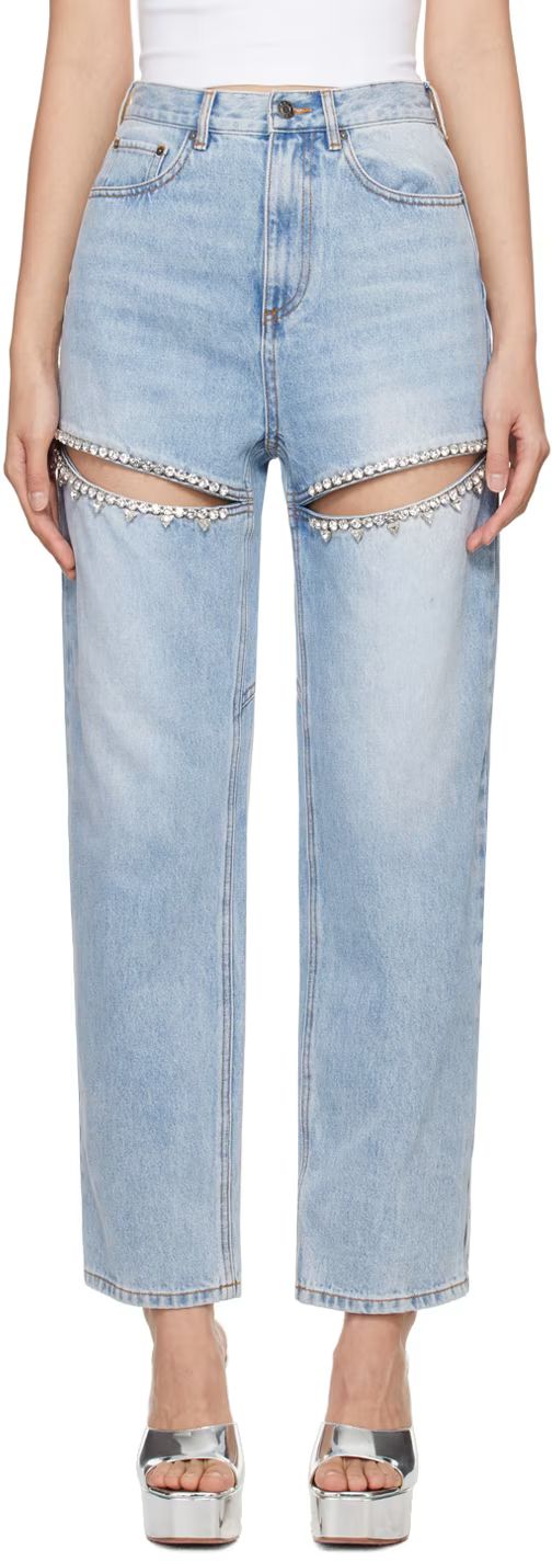 AREA - Blue Crystal Slit Jeans | SSENSE