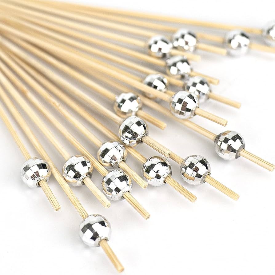 DecorWoo 100 Pcs Cocktail Picks, Disco Ball Decorative Toothpicks for Appetizers, Silver Cocktail Skewers for Appetizers, Wooden Long Cocktail Picks Disco Theme for Party Supplies (4.7 Inch, Silver) | Amazon (US)