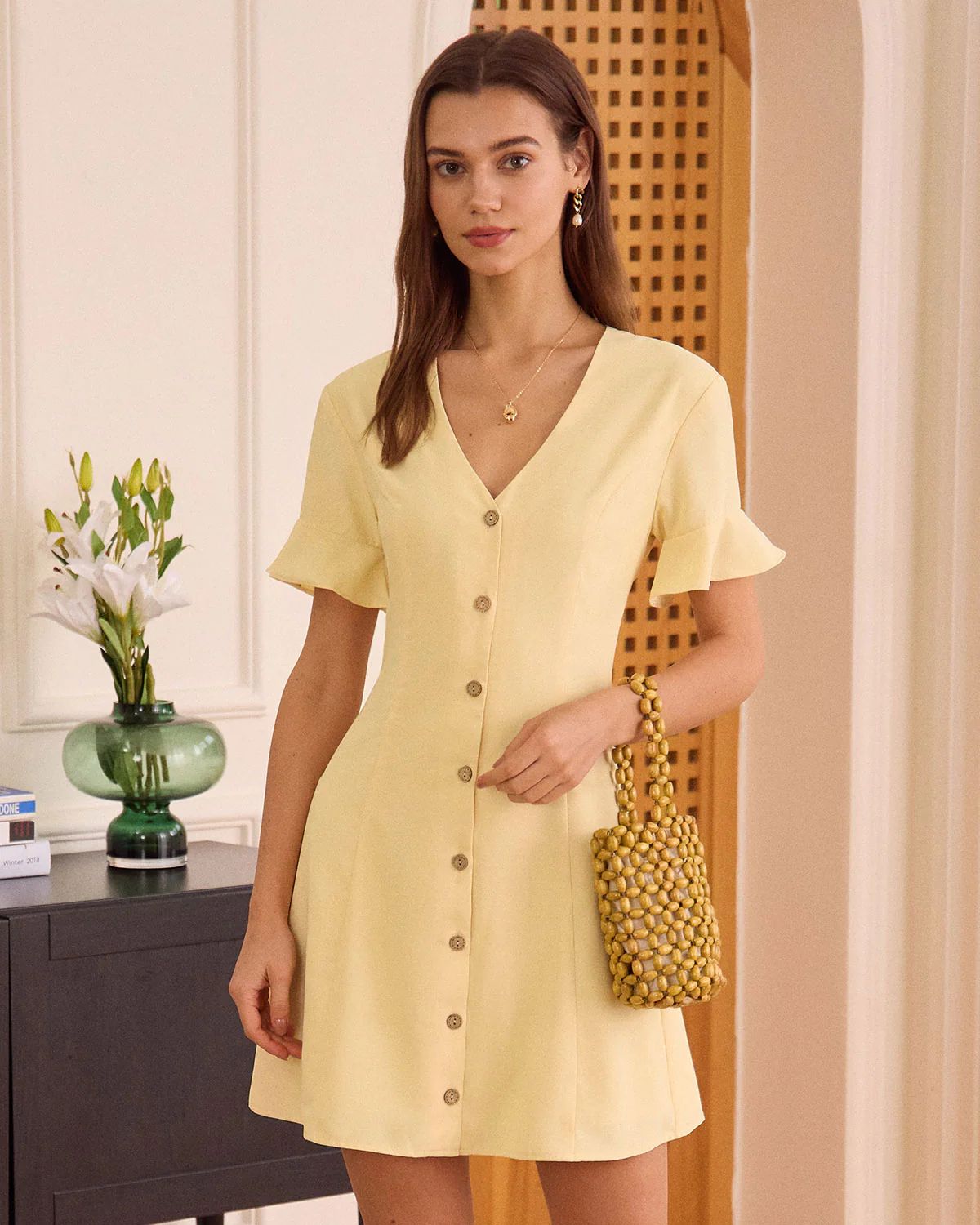 The Yellow V Neck Ruffle Button-up Mini Dress & Reviews - Yellow - Dresses | RIHOAS | rihoas.com