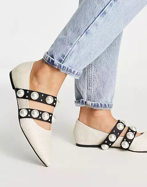 ASOS DESIGN Livia faux pearl studded ballet flats in natural fabrication | ASOS (Global)