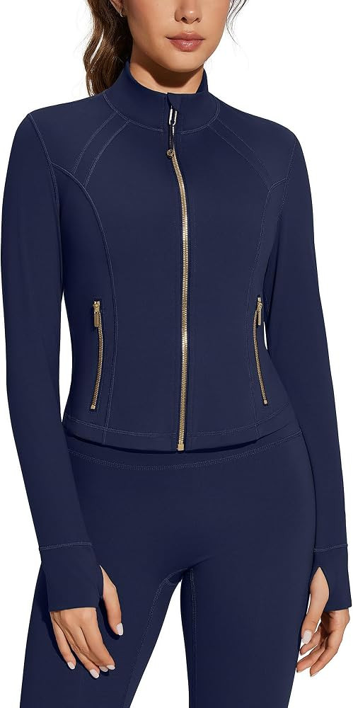 SUUKSESS Women 2 Piece Workout Sets Golden Full Zip Up Jackets High Waisted Leggings (Navy Blue, ... | Amazon (US)